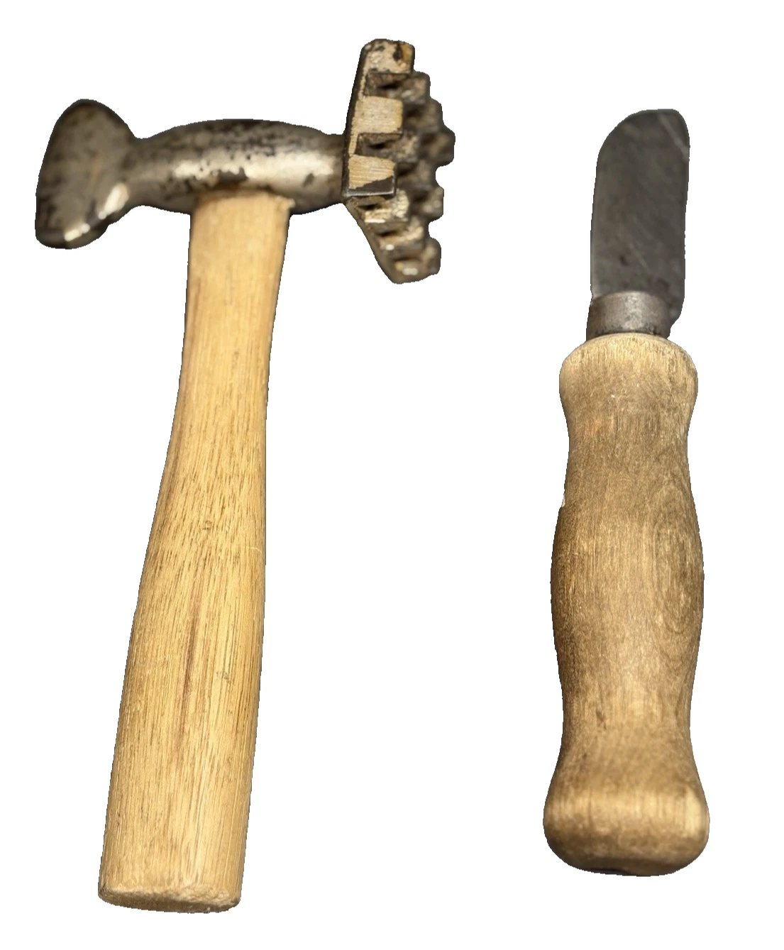 Primative Antique Kitchen Tool Meat Tenderizer Hammer & Knife Set Oak Handles