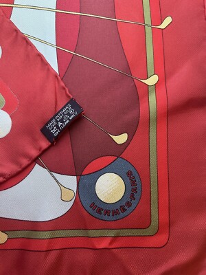 Hermes Scarf Carre 90 Blue Wine Red Gold Swing Silk 100 Golf Stole