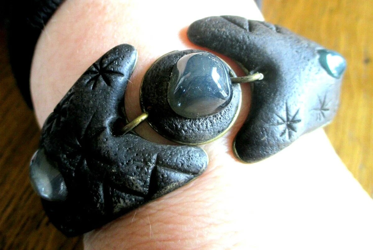 Bracelet Articulé Unique En Cuivre Et Bois Gravé - Pierres Naturelles, Style Rétro - Réf 3255 - Occasion Parfait état