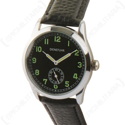 Ailager  Repro Bundeswehr Dienstuhr mit schwarzem Armband - 1939 schwarzes Leder