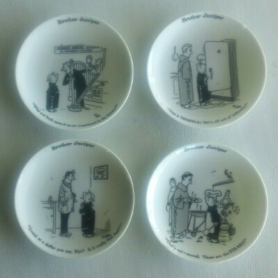 Four Brother Juniper, Shafford Co. 4  Cartoon Monk Plates / Saucers