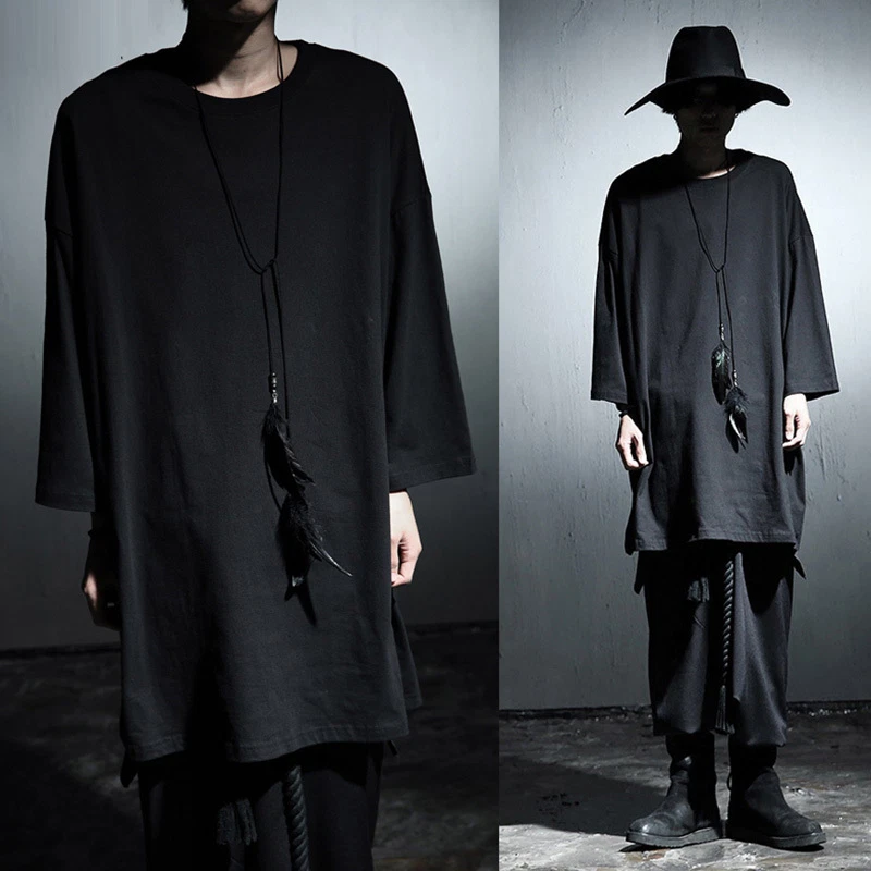 Punk Gothic Mens Casual cotton Pullover Mid long T shirt long Sleeve Oversized