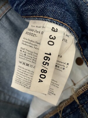 Acne Bla Konst 1996 Dark Blue Trash Wash FW18 Jeans, 31W 30L Made