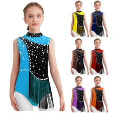 Kids Girls Rompers Overlay Leotard Ballroom Dress Ice Roller Dancewear Tassel