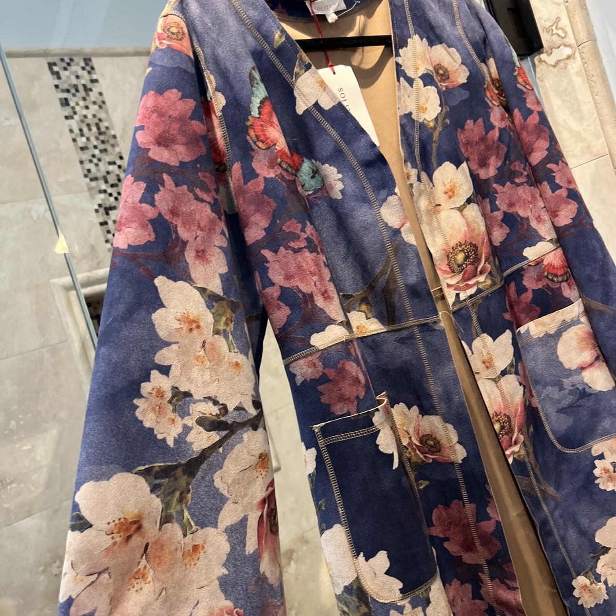 Solitaire Anthropologie Vegan Suede Floral Open Front Jacke Size L