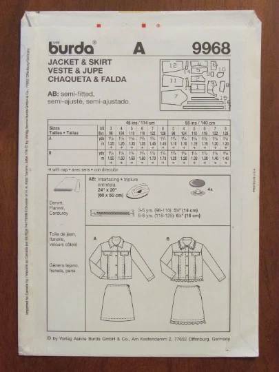 BURDA PATTERN - 9968 GIRL'S UNLINED JACKET YOKE POCKETS A-LINE SKIRT 3-8 UNCUT - Image 2 of 2