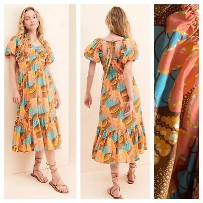 Cleobella Anthropologie Orange Blue Riviera Print Jesse Midi Dress