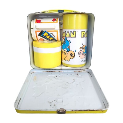 Pac-Man 80er Vintage Metalldose Brotdose 100% komplett Thermoskanne Bally Aladdin