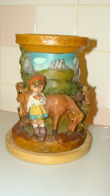 Unique German Hand Carved Wax Candle Girls Milking Cows w/Wood Base 7.5'' tall