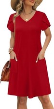 2025 Womens Tulip Petal Sleeve V Neck Loose Swing Sundress with Pockets
