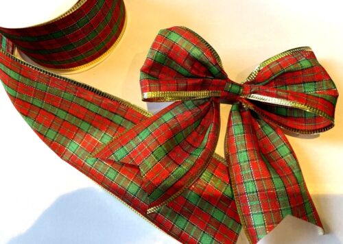 Red & Green Tartan wired edge Christmas ribbon 63mm wide  - Afbeelding 1 van 1