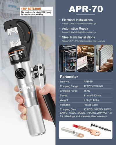 Hydraulic Wire Battery Cable Lug Terminal Crimper- 9 Dies for 12 AWG to 2/0 Elec - Picture 2 of 6