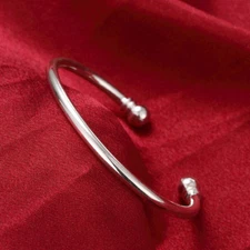 925 Sterling Solid Silver Ball End Open Cuff Love Bangle Women's Bracelet 