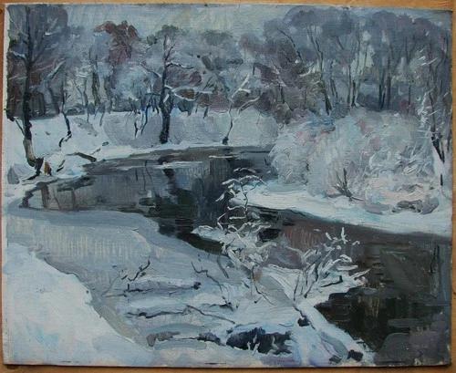Ukrainian Soviet Oil Painting Landscape impressionism winter snow river trees