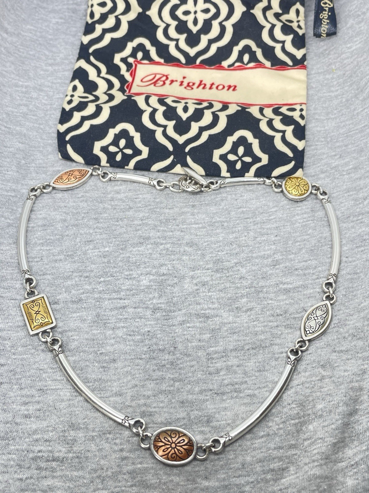 Retired Brighton Sundance Tri-Tone Reversible 17 Inch Necklace with Etched Station