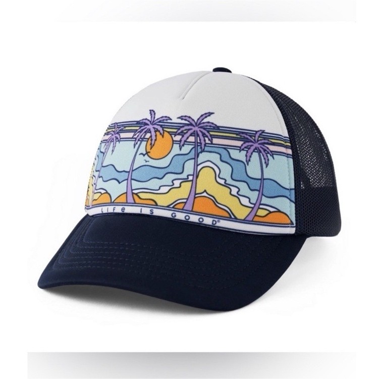 Life is Good Men’s Mesh Back Trucker Hat Black/White Graphic Print One Size