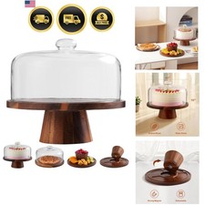 Acacia Wood Cake Stand with Glass Lid  12" Magnetic Base for Parties Kitchen