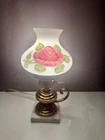 Vtg GWTW Hurricane Parlor Lamp Hand Painted Roses Milk Glass Brass Marble Base