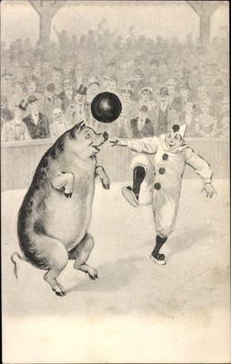 Postcard Harlequin playing with pig football, ring, circus - 10617485