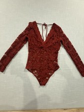 Ambiance Lace Bodysuit Long Sleeve Sz S. Blood Orange. Deep V Neck. NWOT. E55