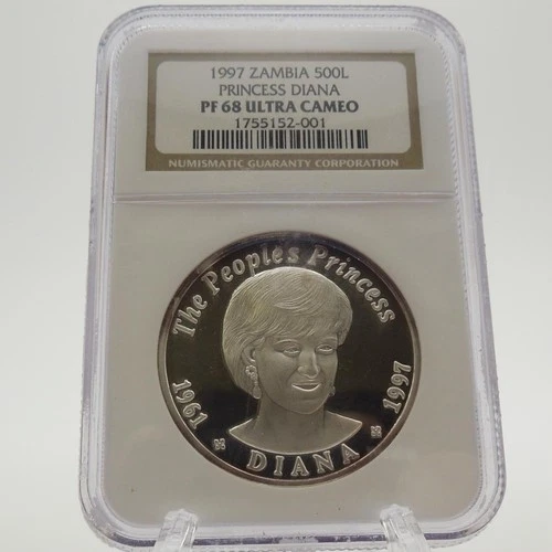Toned NGC PF68 UCAM Diana Silver Coin 1997 Zambia / 36