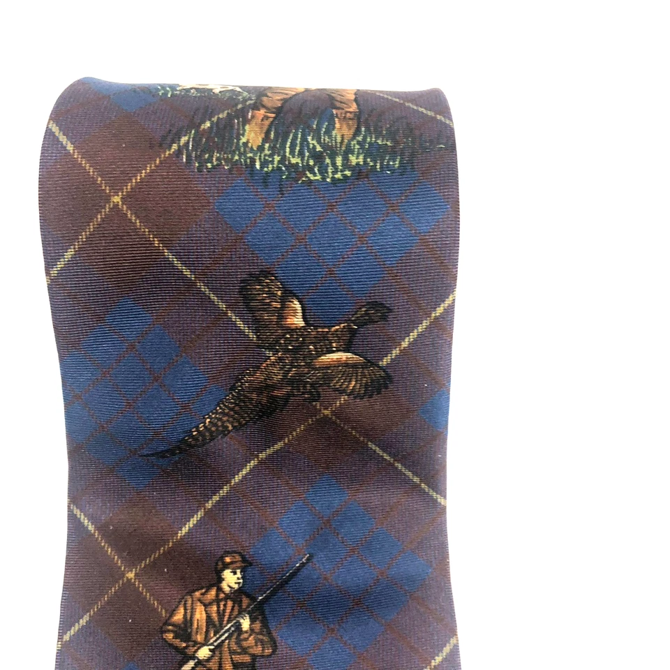 Corbata de seda vintage Alexander Julian colores deportivos faisán pájaro caza cuadros Foto 3 de 4