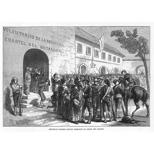 SPAIN Republican Soldiers leaving Tarragona to Attack Carlists - Old Print 1873