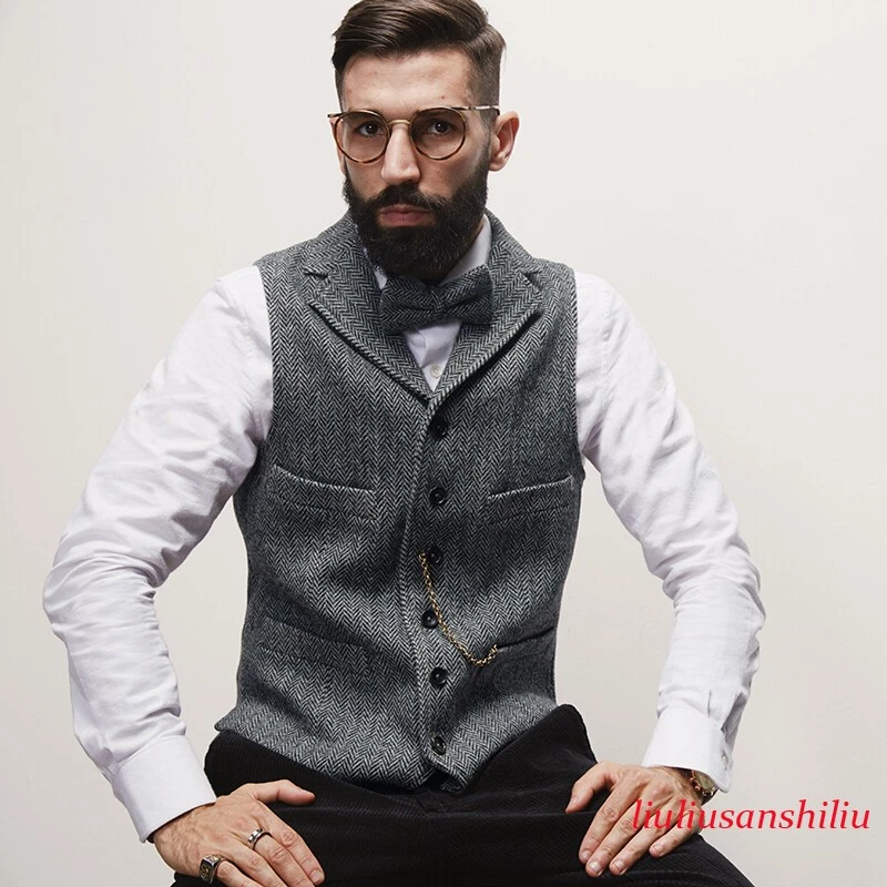 New Men Wool Blend Lapel Collar Tweed Waistcoat Slim Fit Blazer Jacket Vest Coat