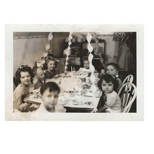 Vintage Snapshot Photo 1940s Birthday Party Cake Streamers Kitchen Interior