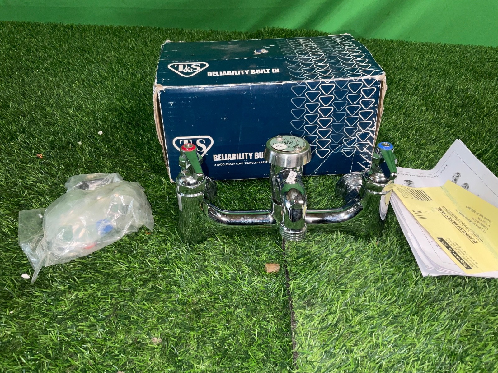 T&S B-0674-BSTP Sink Faucet, Wall Mount, 8" Centers, Vac. Breaker, Pol. 1484 3E