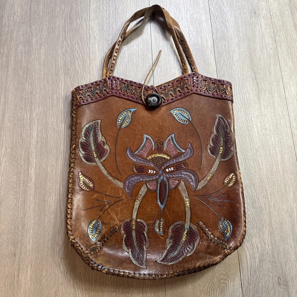 Rare! Vintage 1960s Hippie Hand Made Leather Tote Bag Purse Feather Orchid Motif - Image 2 of 4