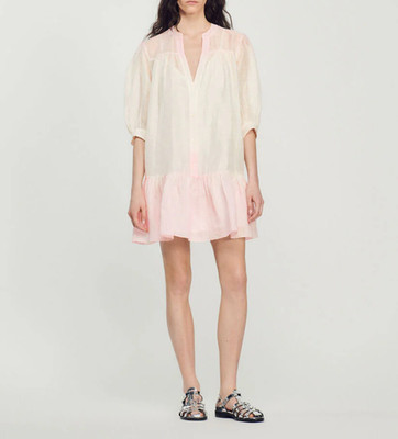 Sandro Women's V-Neck Short Dress Linen Pink FR 38 / US 6 M SFPRO02991