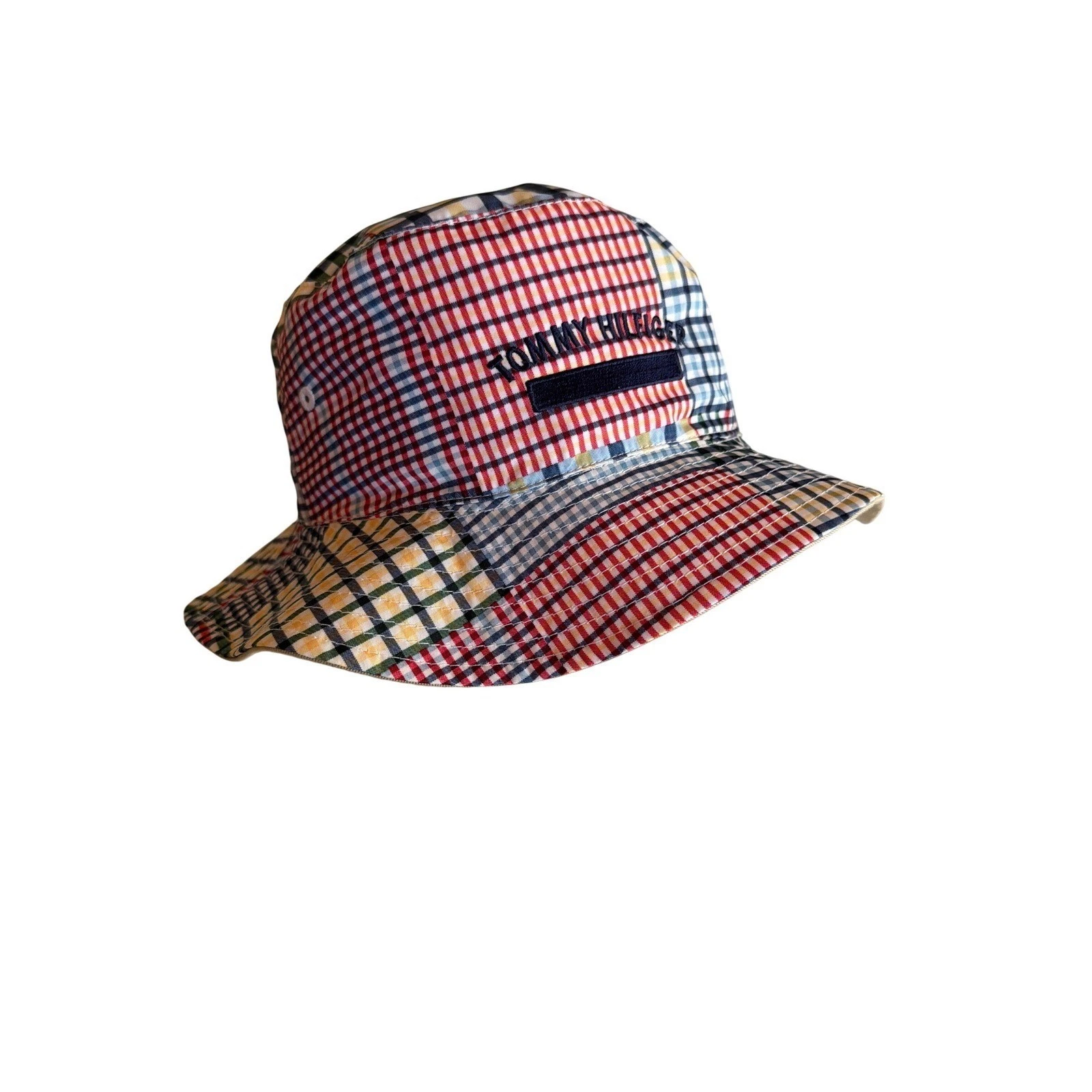 Tommy Hilfiger Bucket Hat Multicolor Patchwork Gingham Plaid Reversible Tan Logo