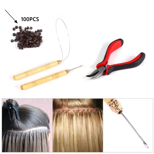 Feather Hair Extension Pliers Loop Hook Set Kit Silicone Micro Rings Beads - Picture 2 of 10