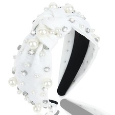 Pearl Knotted Headband for Women - Rhinestone Beaded Jeweled Wide Thick White