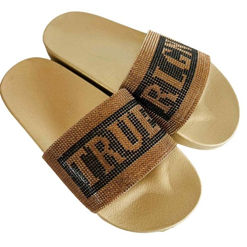 True Religion Women's Jasmine Bling Gold Black Slides Slippers Size 8 NWOT