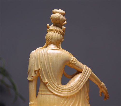 Statua Buddha Kwan-yin Guanyin in legno cinese 100% intagliato a mano da collezione Fengshui - Foto 2 di 3