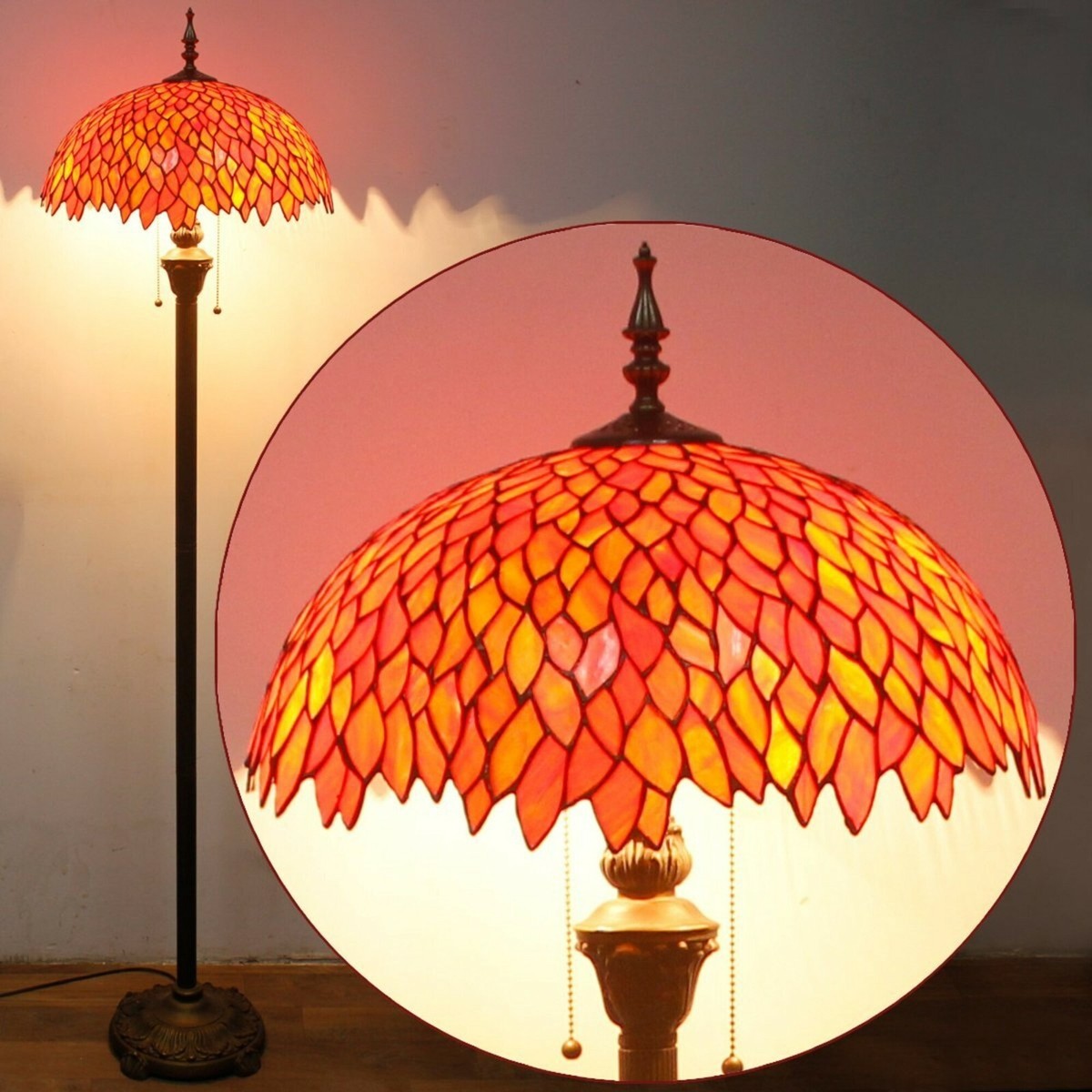 Tiffany Style Torchiere Wisteria Floor Lamp Red Stained Glass 64