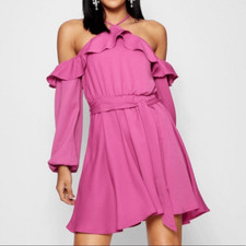 Boohoo Ruby Wrap Front Ruffle Shoulder Dress Size 12