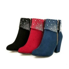 Women's Rhinestone Ankle Boots High Chunky Heel Zip Round Toe Oversize Shoes
