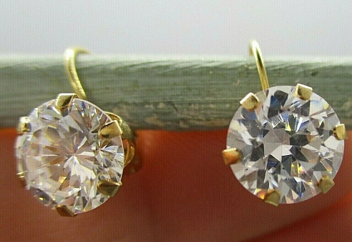 Vintage FI 14k Yellow Gold Lever back 8mm Round cut White Beryl Earrings 2.4g
