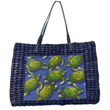 SUN & 'N SAND Tote Woven Bag Purse Wicker Beach Blue Sea Turtle Fabric Accent