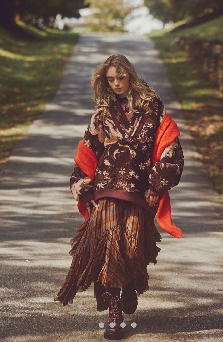 Free People Rosie Printed Sherpa Jacket Fleece Rib Rose Brown Nude