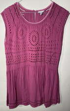 Eoote Dress Womans Small ALine Burgundy Sleeveless Eyelet Solid Rayon Fit Flare