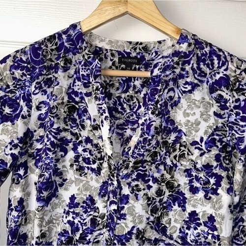 Talbots Purple Gray Floral Henley V-Neck Pullover Casual Blouse Size XS - Picture 3 of 7