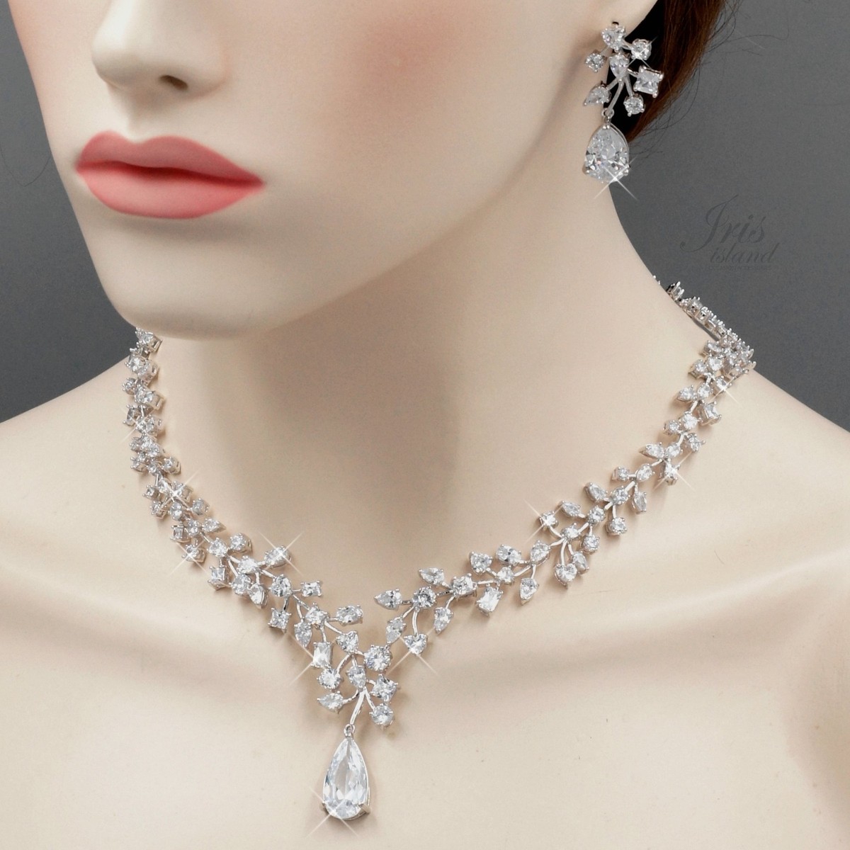 White Gold Plated Zirconia CZ Necklace Earrings Bridal Wedding 