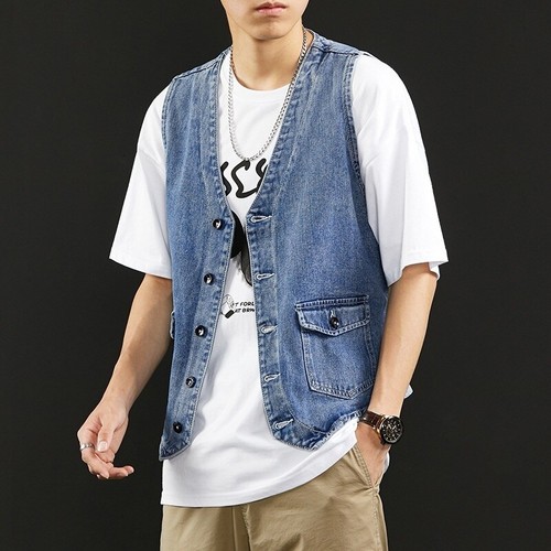 Men Denim Waistcoat Vintage Washed Vest 