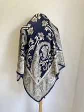 RAS4#Vintage 100% Silk Paisley Scarf Navy Blue Cream Large Square Elegant