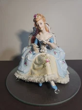 VTG KPM Porcelain Sitting Victorian Lady Reading a Book*Blue Floral & Lace Dress