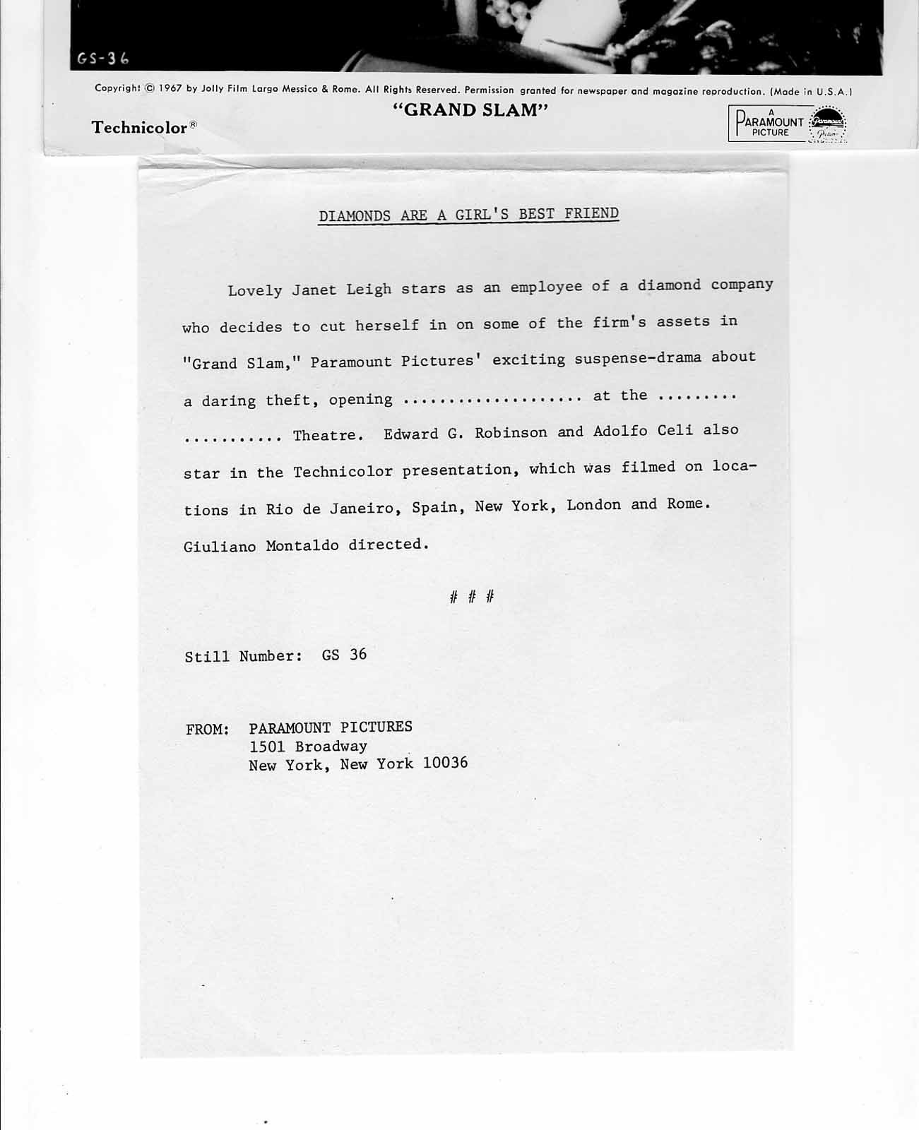 o33004 1967 orig photo Janet Leigh film Grand Slam orp-33004